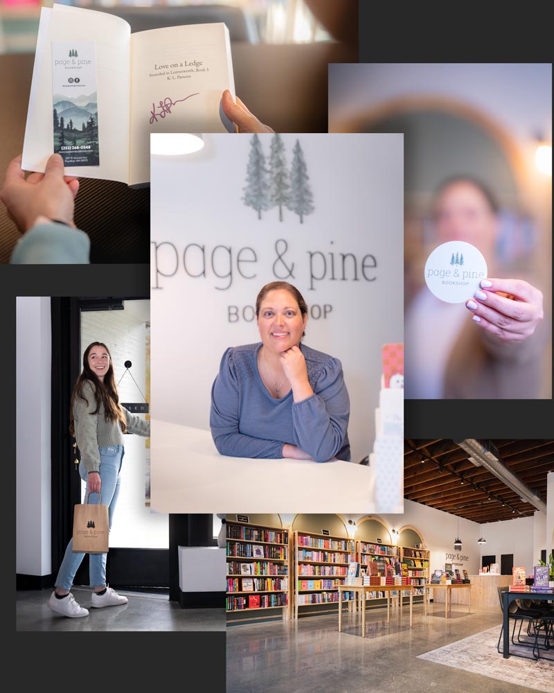 Signature Brand Story Session - Seattle Brand Photography - cohesive brand story telling - contextual and human-interaction visuals - Page & Pine bookshop, Puyallup, WA - Elemental Brand Photography.