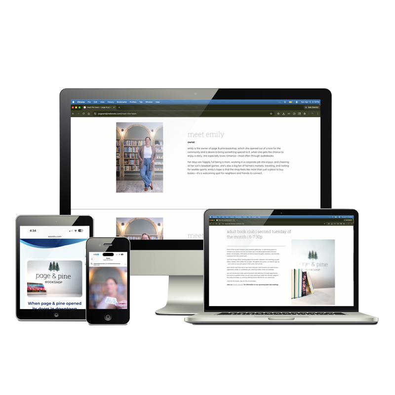 Signature Brand Story Session - Seattle Brand Photography - Page & Pine Bookshop - Multi-use photographs on computer, laptop, phone, and tablet - Puyallup, WA - Elemental Brand Photography