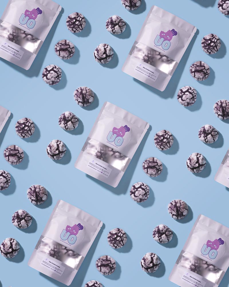Seattle product photography - Ube Overload ube crinkle cookie flatlay with packaging - creative product composite imagery - Maple Valley WA - Elemental Brand Photography