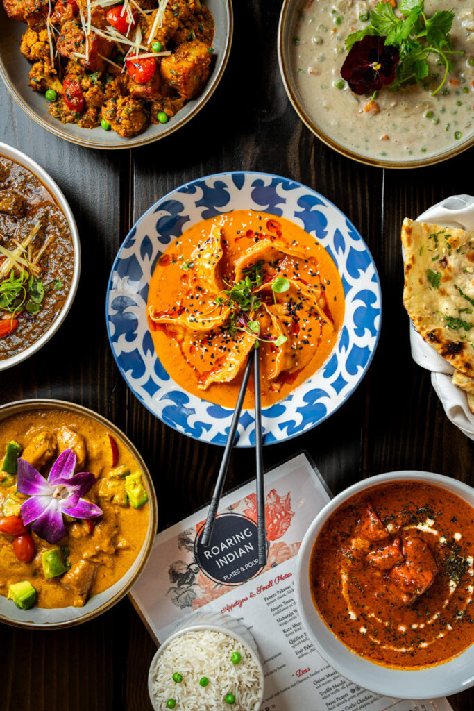 Seattle restaurant photography - six curry dishes from Roaring Indian Plates & Pours, Maple Valley WA - Restaurant Photography - Elemental Brand Photography