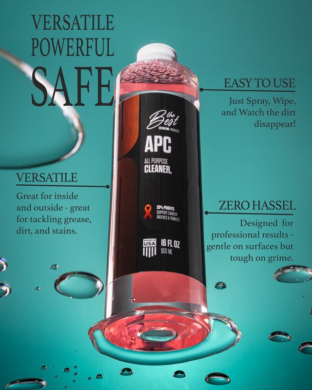 Seattle brand photography. Brand poster showcasing the benefits of The Best Detailing Products APC cleaner.