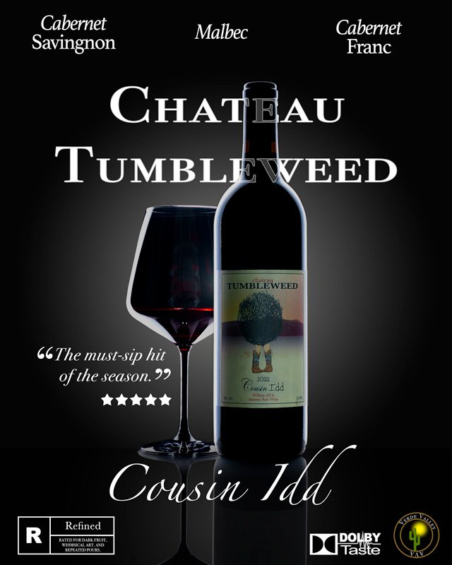 Seattle brand photography. Photo of Chateau Tumbleweed wine bottle on a movie theater poster.