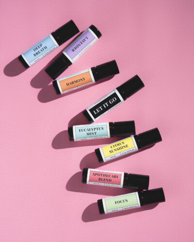 From the softened bubblegum pink backdrop to the intentional shadows and enhanced labels, this image balances energy and clarity to guide the viewer’s eye. Collection of 8 different scents of WildGrove Essentials Essential Oil Roll-Ons
