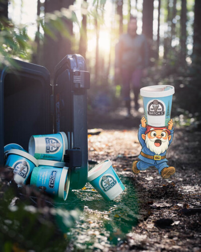 Seattle product photography for Batch 3 Ice Cream in Maple Valley, WA. A gnome-composite places the brand's playful character on a Pacific Northwest trail alongside their ice cream - quirky outdoor lifestyle brand content for a small-batch artisan ice cream maker. Seattle Product Photography - Batch 3 Ice Cream Gnome Composite on Pacific Northwest Trail - Outdoor Lifestyle Small-Batch Ice Cream - Batch 3 Ice Cream - Maple Valley, WA - Elemental Brand Photography