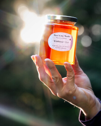 Seattle product photography for Bees in the Burbs in Maple Valley. Raw, unfiltered Pacific Northwest honey photographed in natural light with warm tones showcasing the golden hues of the fresh honey - evergreen social media content for a small-batch local apiary. Seattle Product Photography - Raw Local Honey from the Pacific Northwest - Bees in the Burbs Maple Valley - Elemental Brand Photography