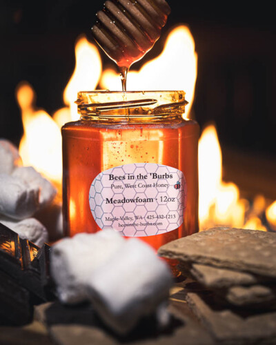 Seattle product photography for Bees in the Burbs in Maple Valley. Raw, unfiltered Pacific Northwest honey that has a taste of smores - evergreen social media content for a small-batch local apiary. Seattle Product Photography - Raw Local Honey that tastes like smores - Bees in the Burbs Maple Valley - Elemental Brand Photography