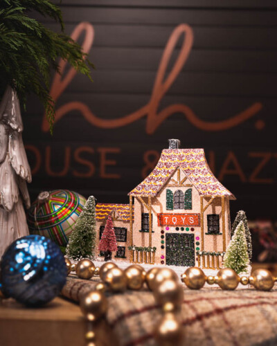 Seattle Brand Photography for House & Hazel in Maple Valley, WA. Holiday merchandise and decor styled to showcase the quality and class of the inventory with warm, natural lighting - seasonal social media content for the small business local boutique. Seattle Brand Photography - House & Hazel Home Boutique - Maple Valley, WA - Seasonal Christmas Display featuring Toy Shop and ornaments - Elemental Brand Photo