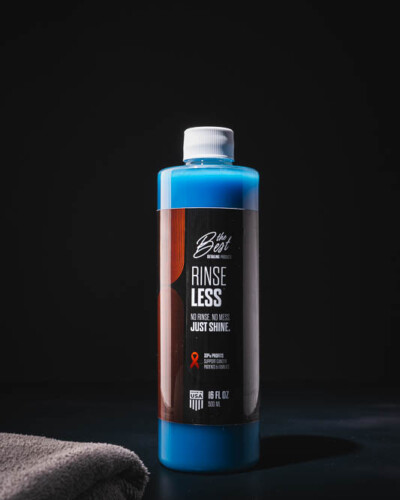 Seattle product photography for The Best Detailing Products. The rinse-less car wash formula photographed with dramatic, moody highlights - brand-elevating product photography that brings authority and visual impact to a Pacific Northwest car care brand. Seattle Product Photography - The Best Detailing Products Rinse-Less Wash with Moody Dramatic Highlights - Car Care Brand Atmospheric Shot - Elemental Brand Photography