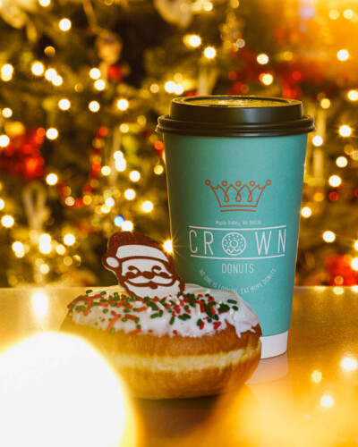 Seattle Product Photographer for Crown Donuts in Maple Valley, WA - fresh, local donut & coffee with seasonal Christmas decor - created for holiday social media content Seattle Product Photography - Crown Donuts Maple Valley, WA - Seasonal donut and coffee - Elemental Brand Photography