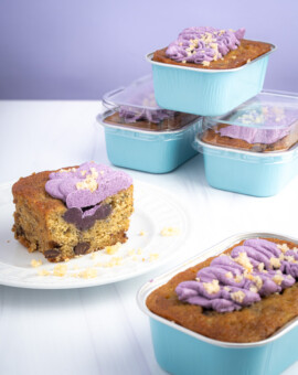 Seattle Product Photography for Ube Overload Bakery in Kent, WA. A product image showcasing the fluffy, quality, and size of the banana bread offered by Ube Overload Bakery in Kent, WA. Seattle Product Photography for Ube Overload in Kent, WA. A stylized product photo showcasing banana bread offered at a local bakery. Elemental Brand Photography